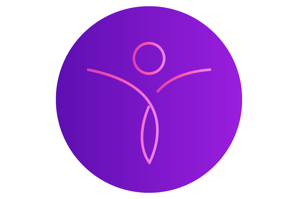 Ícone circular de psicologia em roxo vibrante, com uma figura humana estilizada e minimalista no centro. A figura tem braços estendidos para cima e para fora em um gesto expansivo e gracioso de liberdade, desenhada em linhas com um gradiente rosa-violeta. Esta pose e a fluidez simbolizam o alívio do sofrimento psíquico, libertação, paz interior e crescimento pessoal.
