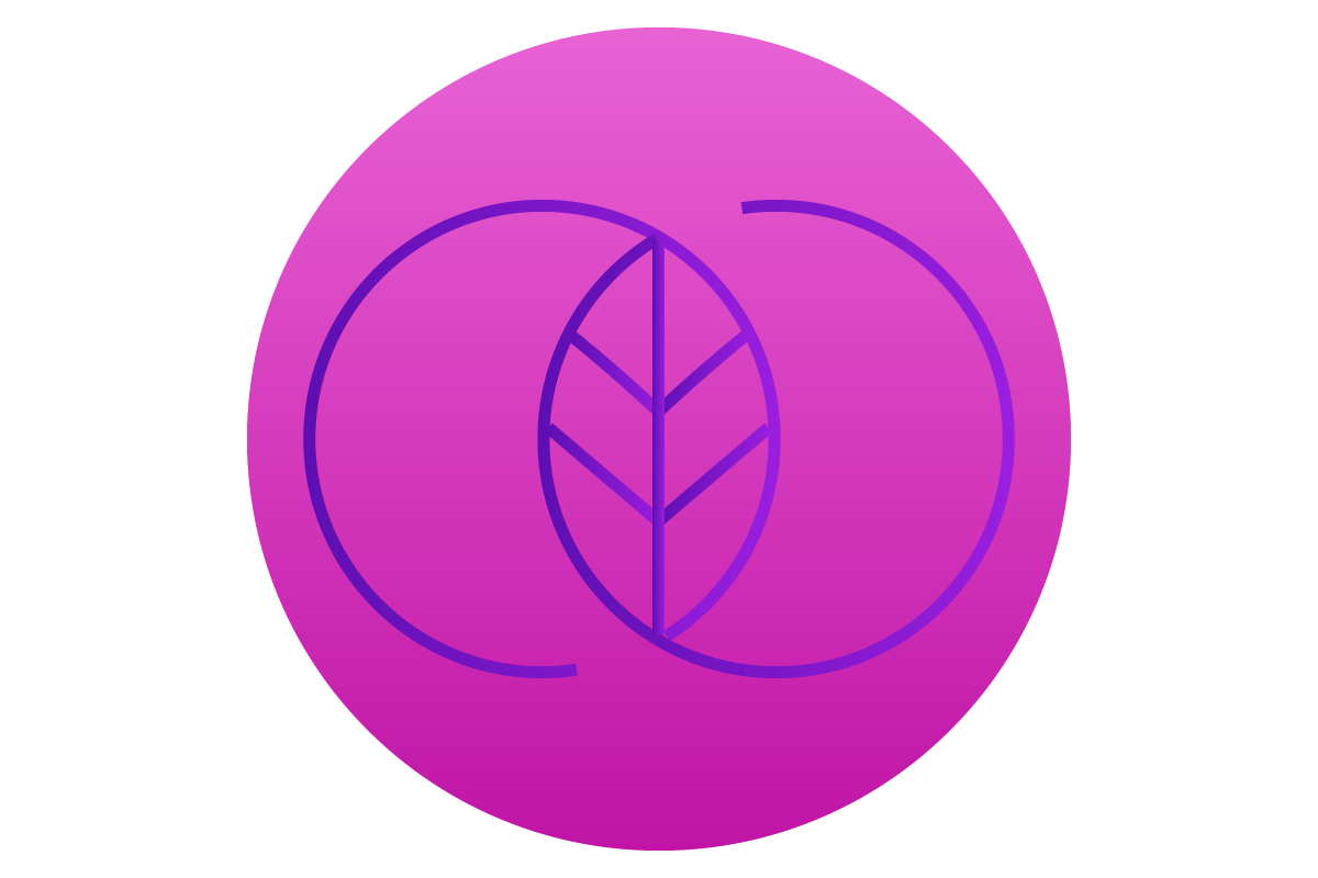 "Um ícone circular vibrante em tons de fúcsia e magenta, apresentando no centro um desenho de linha roxo estilizado de duas formas que se entrelaçam. O ponto de encontro das linhas forma uma semente ou folha que brota, representando o florescimento pessoal e o potencial para novas possibilidades de vida, ideal para um site de psicologia sobre crescimento emocional."